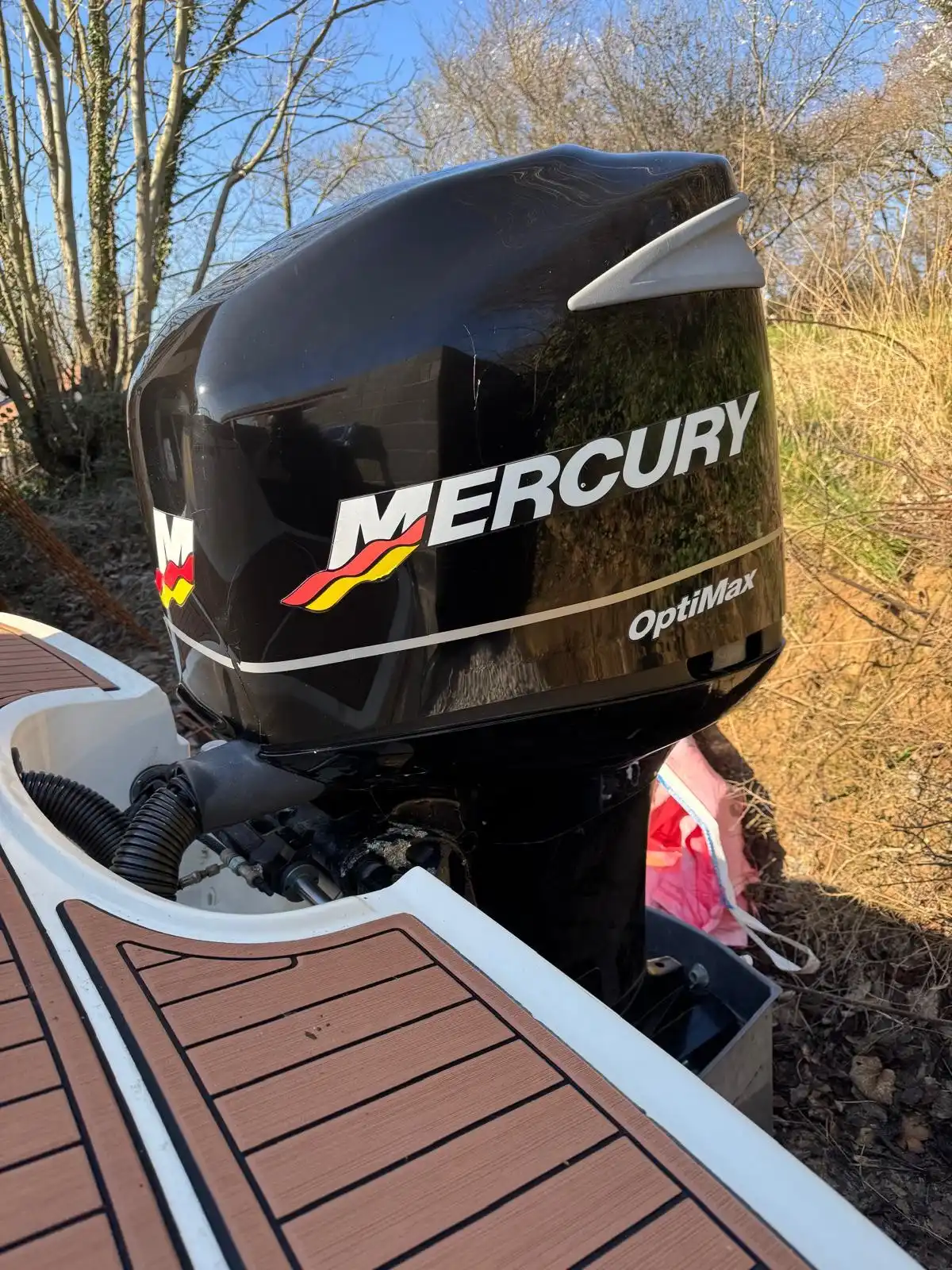 Mercury outboard engine on the back of the speedboat, above the wood effect swim platform